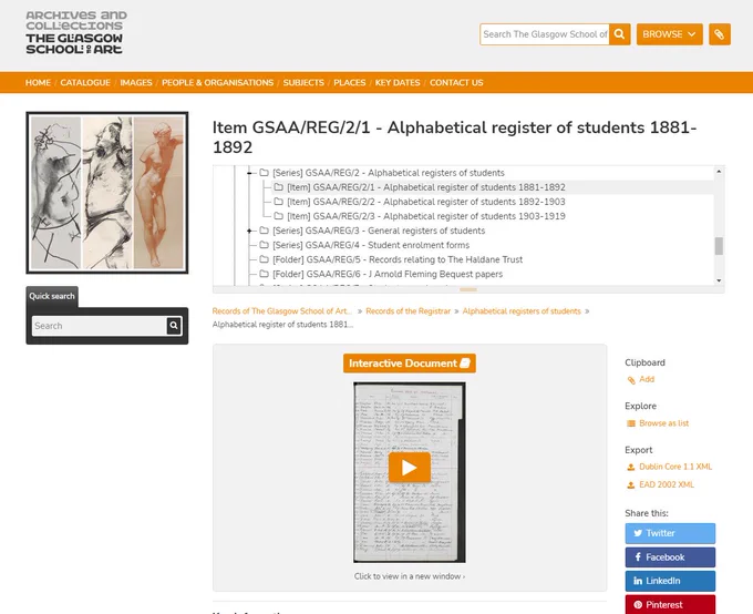 Screenshot of website with title "Item GSSA/REG/2/1 Alphabetical register of students 1881-1892". Below this is a list of items and bottom of image is thumbnail of student register with arrow to open the image.