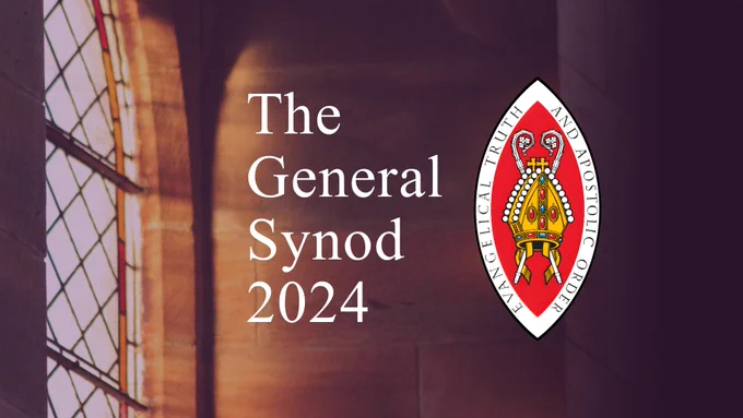 The SEC logo, with the caption: "The General Synod 2024", on a dark background with a church window.