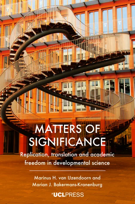 The book cover for Matters of Significance: Replication, translation and academic freedom in developmental science, by Marinus H. van IJzendoorn and Marian J. Bakermans-Kranenburg. The image features 'Umschreibung', an outdoor sculpture of a double helix staircase by artist, Olafur Eliasson. The staircase is in front of the orange facade of the KPMG building in Munich, Germany. Photo credit: Olafur Eliasson’s Umschreibung, Munich
Photo: Fred Romero, via Wikimedia. Commons. Cover design: www.hayesdesign.co.uk.