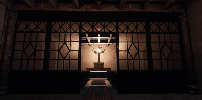 A large cross is resting behind a chandelier on an altar in a small chapel room. The chandelier makes it appear as if the cross had horns.