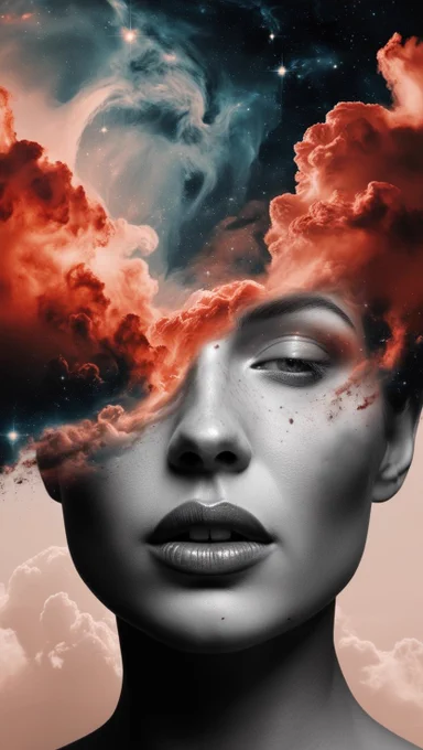 A surreal and abstract image of a woman's face seamlessly merging with a cosmic scene. The woman's facial features, including lips and nose, are prominent and blend into swirling clouds and nebulae in space. The upper part of the image features vibrant, fiery clouds and interstellar dust with orange and red hues, while the lower part retains the woman's face in grayscale. The overall atmosphere is dreamlike and otherworldly, with a perfect fusion of human and celestial elements, stars, and cosmic textures.
