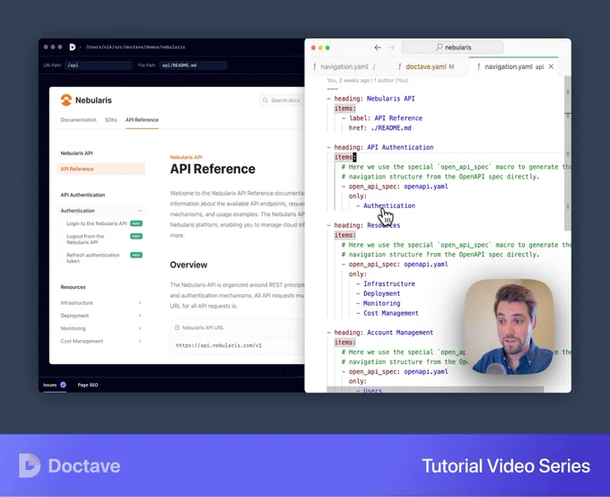 Screenshot of a Doctave tutorial video with a banner underneath saying "Tutorial video series"