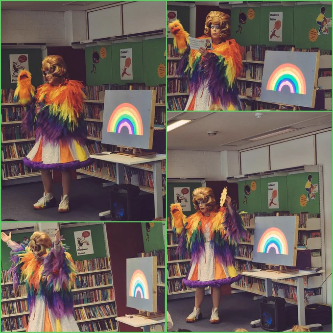 A college of 4 photos of Pantomime Dame Mama G in a rainbow coat & dress reading stories and dancing with a rainbow bird parrot. Behind then are shelves of books in the children's library.