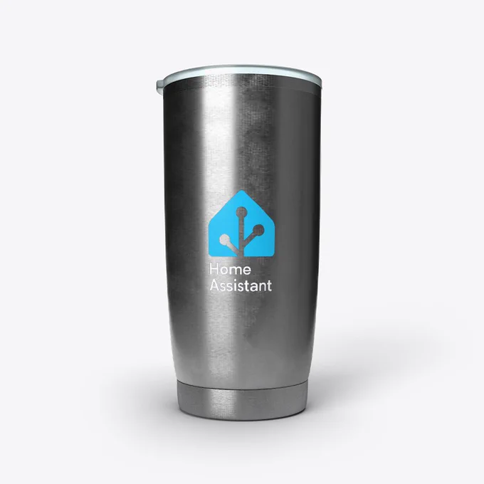 Mocked-up view of the front of a Home Assistant branded Stainless Tumbler from the TeeSpring creator store on a plain white backdrop.