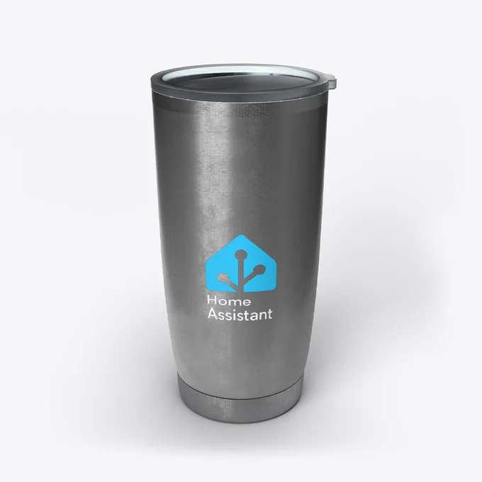 Front view of a mocked-up Home Assistant branded Stainless Tumbler from the TeeSpring creator store on a plain white backdrop.
