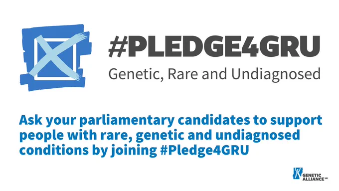 Text says "Ask your parliamentary candidates to support people with rare, genetic and undiagnosed conditions by joining #Pledge4GRU".
