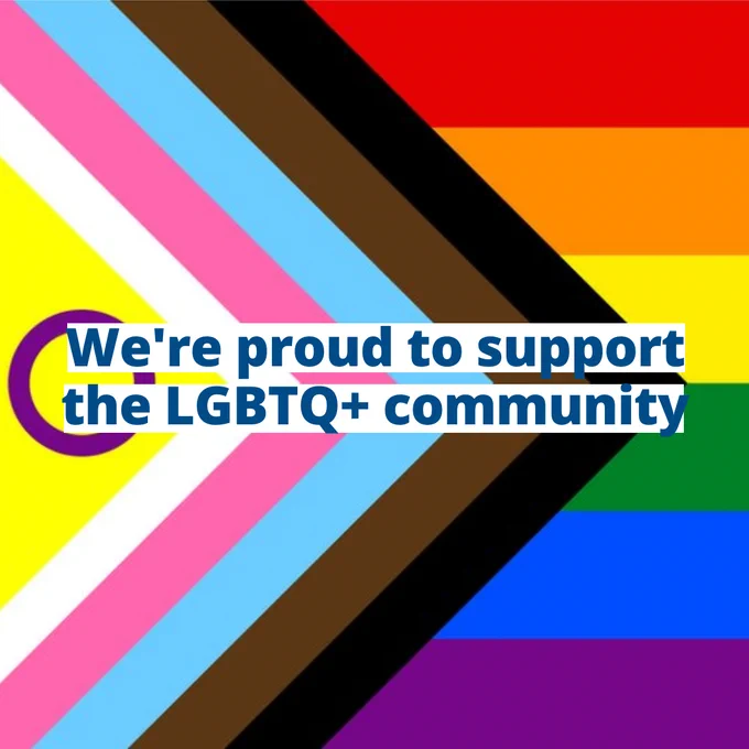 Image shows the pride flag. Text reads, "We're proud to support the LGBTQ  community".