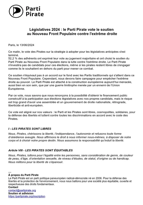 Législatives 2024 : le Parti Pirate vote le soutien au Nouveau Front Populaire contre l'extrême droite

Ce matin, le vote des Pirates sur la stratégie à adopter pour les législatives anticipées s'est terminé.
52,2% des adhérents ont exprimé leur vote au jugement majoritaire et ont choisi le soutien du Parti Pirate au Nouveau Front Populaire dans la lutte contre l'extrême droite. Le Parti Pirate n'investira pas de candidats pour
 ces élections, même si les pirates restent libres de s'engager comme ils le souhaitent en dehors du parti pour mener ce combat.

Ce soutien n'équivaut pas à un accord sur le fond avec les Partis traditionnels qui s'allient dans ce Nouveau Front Populaire. Cependant, nous devons faire campagne pour empêcher l'extrême droite au pouvoir. Le Parti Pirat
e est attaché à la construction européenne aujourd’hui menacée, aussi bien en son sein, que par une guerre limitrophe menée par un ennemi de l’UE.

Ce vote est aligné sur nos valeurs [...]