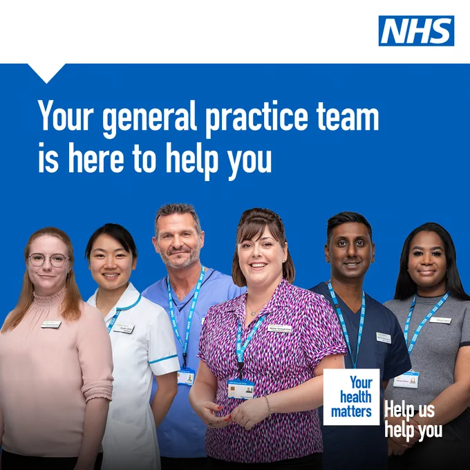 A picture of a general practice team made of different health professionals. The words say: Your practice team are here to help you