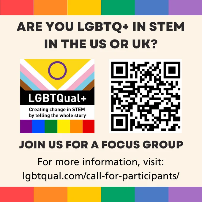 A image featuring the colours of the progressive Pride flag with the logo for the LGBTQual  project: creating change by telling the whole story. The image reads: Are you LGBTQ  in STEM in the US or UK? Join us for a focus group.For more information, visit: https://lgbtqual.com/call-for-participants/