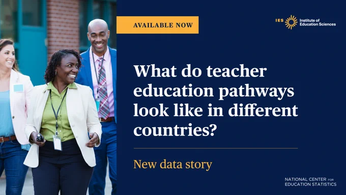 Three people wearing lanyard badges. Next to the image is text "Available Now," "What do teacher education pathways look like in different countries?," "New data story," and "National Center for Education Statistics" along with the IES logo.