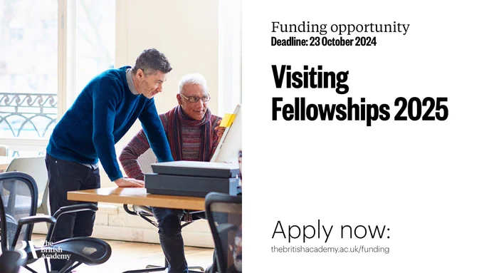 White banner with an image of colleagues working together. The words 'Visiting Fellowships 2025' are written on the right-hand side. 