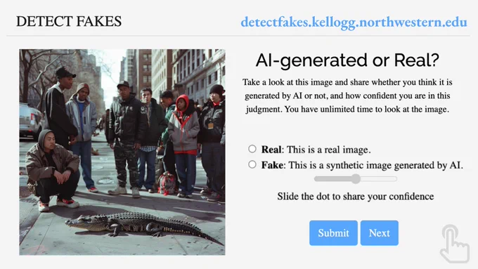 Screenshot from Detect Fakes showing an image of men on a street surrounding and alligator