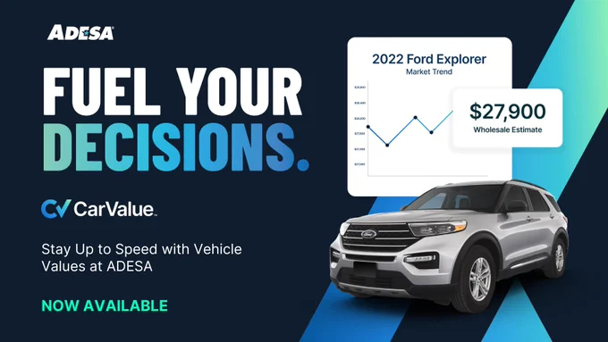 Promotional image for ADESA featuring the slogan "Fuel Your Decisions." The image showcases a grey SUV against a dark blue background. At the top, the ADESA logo is displayed. The image includes text saying "CarValue — Stay Up to Speed with Vehicle Values" and finishes with a blue button featuring the text "NOW AVAILABLE." The design uses bold, contrasting colors primarily in blue, white, and black.