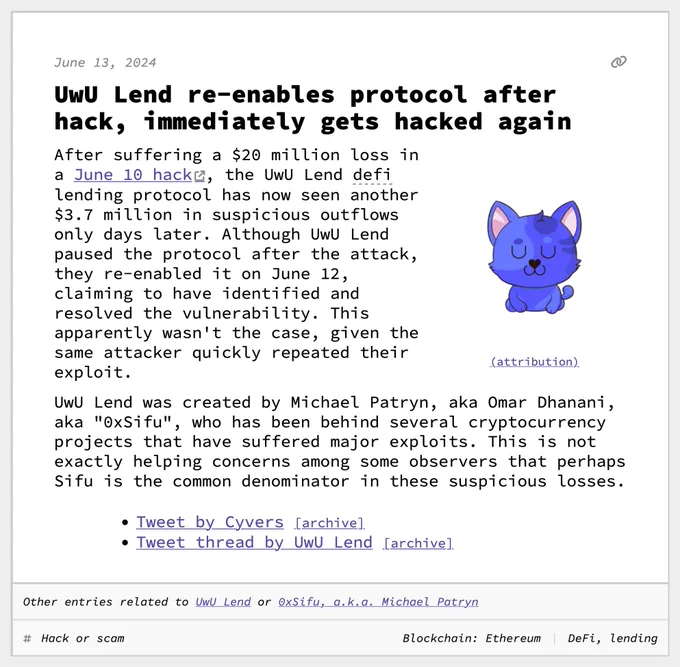 UwU Lend re-enables protocol after hack, immediately gets hacked again
After suffering a $20 million loss in a June 10 hack, the UwU Lend defi lending protocol has now seen another $3.7 million in suspicious outflows only days later. Although UwU Lend paused the protocol after the attack, they re-enabled it on June 12, claiming to have identified and resolved the vulnerability. This apparently wasn't the case, given the same attacker quickly repeated their exploit.
UwU Lend was created by Michael Patryn, aka Omar Dhanani, aka "0xSifu", who has been behind several cryptocurrency projects that have suffered major exploits. This is not exactly helping concerns among some observers that perhaps Sifu is the common denominator in these suspicious losses.