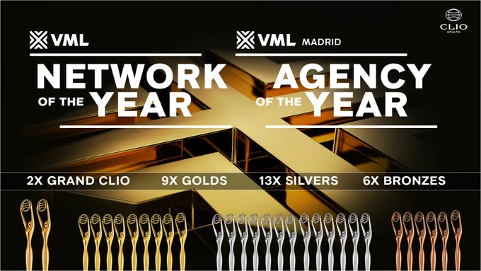 This image features a promotional advertisement with a black and golden design, highlighting awards received by VML. The text "NETWORK OF THE YEAR" and "AGENCY OF THE YEAR" prominently appears on the top. Below, numerous awards are displayed including "2X GRAND CLIO, 9 GOLDS, 13X SILVERS, 6 BRONZES." The VML logo is visible in the top corners along with the Clio Awards logo.