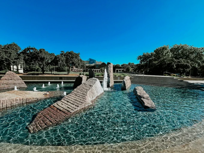 A duck rests on a rock in Broyhill Fountain on a sunny summer day