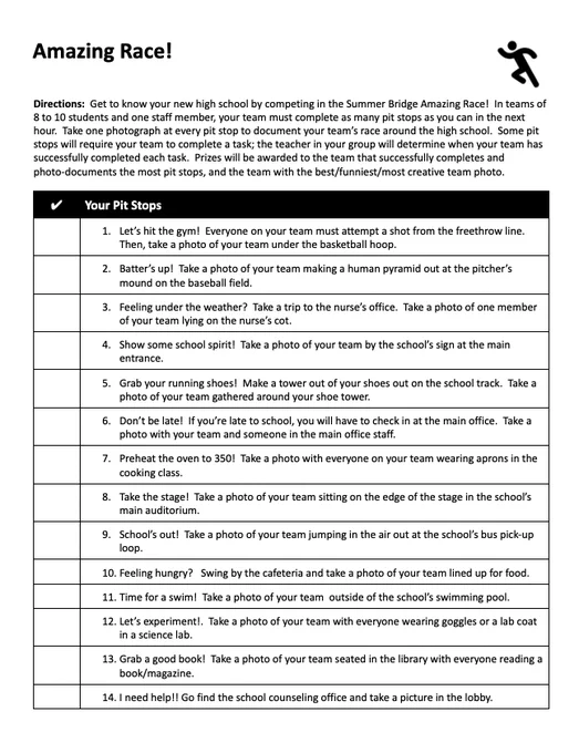 Screenshot of the document found at the linked resource, which outlines an "Amazing Race" scavenger hunt for new staff and students, inviting them to find various parts of the school and take photos.