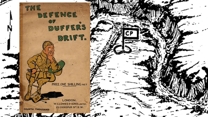 The book cover of "The Defence of Duffer's Drift" showing a cartoon of a British Soldier in the Boer War. In the background is a physiographic diagram of a u-shaped valley with steep walls. (Credits: Book cover is from Wikipedia. The physiographic diagram was taken from the Army University Press publication of the book. The combined image was prepared by the Army Geospatial Center.)