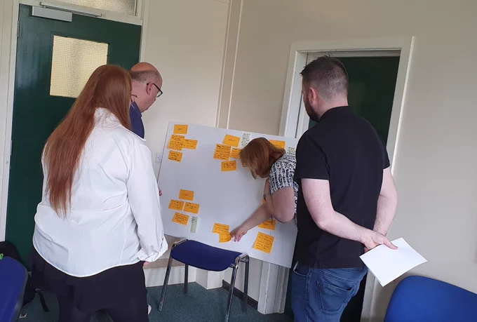 People clustering ideas during a design thinking training course.