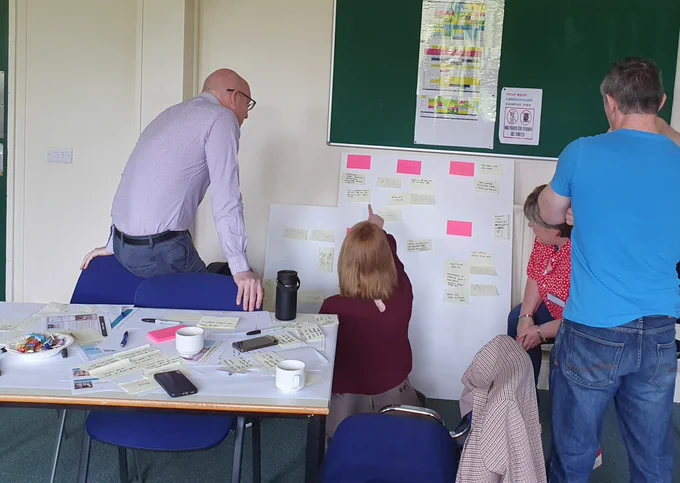 People clustering ideas during a design thinking training course 