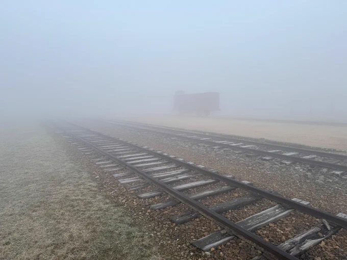 A foggy scene with railroad tracks intersecting and a lone freight car in the distance. The site of the former Auschwitz II-Birkenau camp.