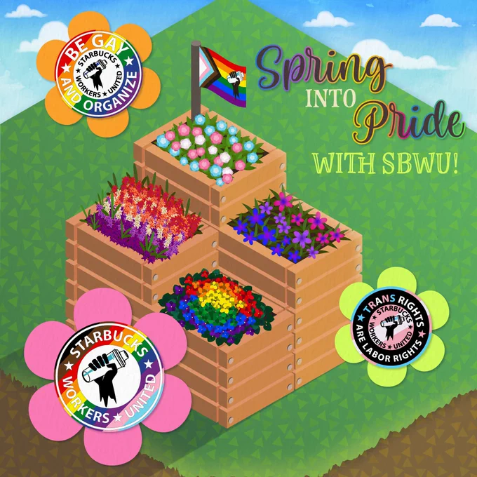 an illustration of multiple flower beds in the color of different pride flags, as well as SBWU logos and flags. text says “spring into pride with SBWU”