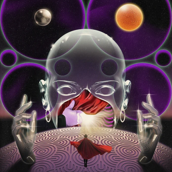 We see an interstellar theme with a fractal world featuring a figure running toward a glass entity opening a curtain revealing a portal to an unknown world.