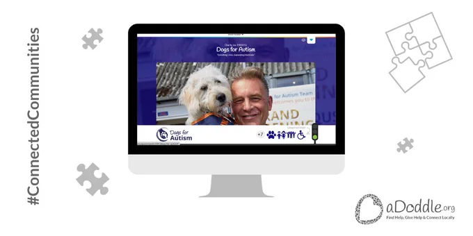 An image on a computer screen showing Chris Packham smiling and holding a dog, with text "Dogs for Autism" and hashtag "#ConnectedCommunities" alongside the aDoddle.org logo with the slogan "Find Help, Give Help & Connect Locally".