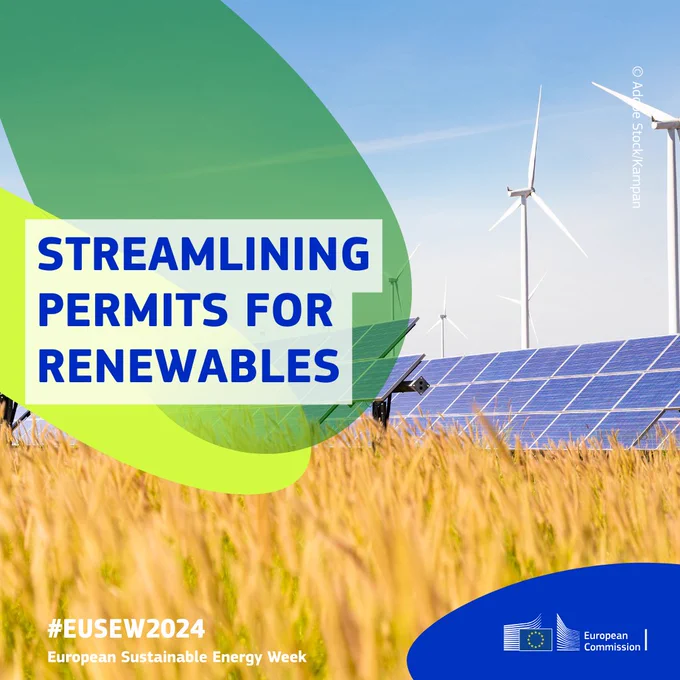 The image features several elements of the #EUSEW2024 visual identity. The image caption reads: "Streamlining permits for renewables"