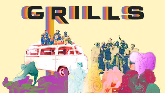 GRILLS written in black capital letters with rainbow shadows on a pale yellow background. Beneath this is a collage of images from the archives of queer women and handdrawn images of women embracing and loving life. Artwork by Jhinuk Sarkar.