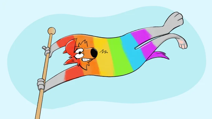 A flattened grey cartoon wolf holding on to a flagpole. He’s flapping in the breeze, and his body is painted in the colours of the pride flag. 