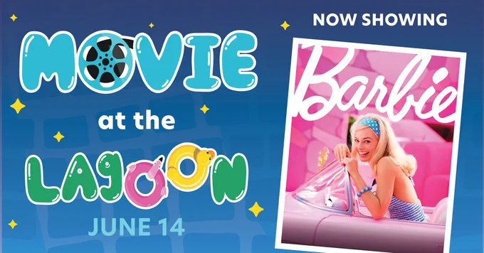 🎬✨ Dive into summer fun with our first Movie at the Lagoon on June 14 at BREC's Liberty Lagoon! 🌊💗 We're kicking off with the Barbie Movie—perfect for all Barbie fans & water lovers ages 14 ! 🧜‍♀️💖 Enjoy an unforgettable summer night with friends & family during our extended hours. 🌙🏖️ Grab your towels, float on an inner tube, & relax under the stars. 🛟🌌
See you at the Lagoon! 💦
The image is a promotional graphic for a movie event. It is split into two sections. On the left, the text "Movie at the Lagoon" is displayed in colorful, playful lettering, with the date "June 14" below it. The background is a deep blue, decorated with star shapes. On the right, there's a poster for the movie "Barbie," featuring an image of the actress in the lead role posing cheerfully in a pink car, with a pink background. The text "Now Showing" is displayed at the top right corner of this section.
