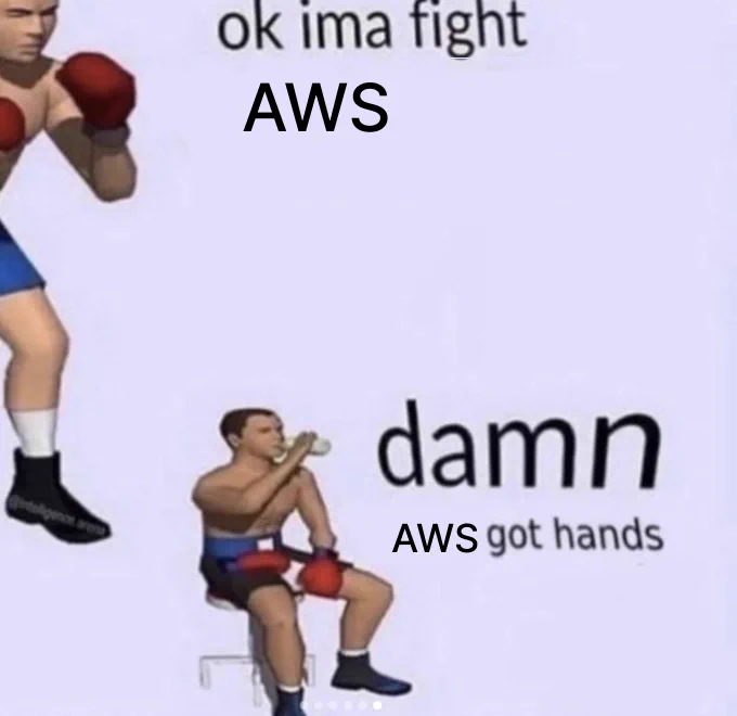 A image macro meme that reads "ok ima fight AWS" next to an eager boxer followed by "damn AWS got hands" next to the boxer taking a break