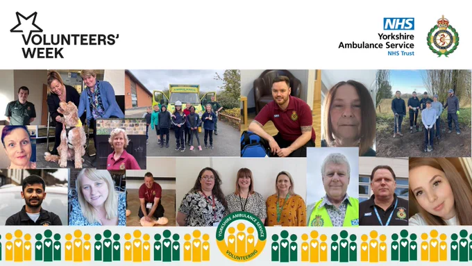 A collage of Yorkshire Ambulance Service volunteers in various roles. The Volunteers' Week star logo is top left and Yorkshire Ambulance Service logo top right. Along the bottom of the image is green and yellow people icons alongside a round Yorkshire Ambulance Volunteering icon.