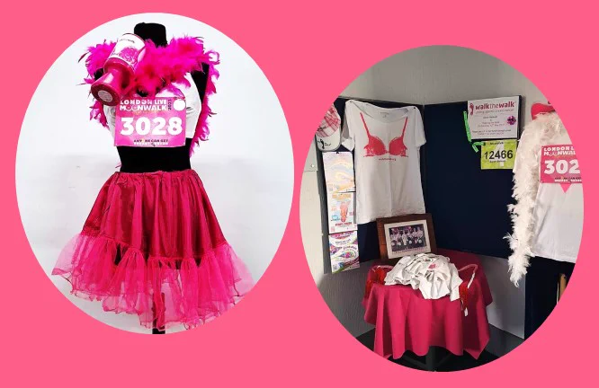 Two images, one shows a mannikin wearing a bra and  lacy skirt, with a Walk the Walk competitor number. The other shows a display of Walk the Walk memorabilia.