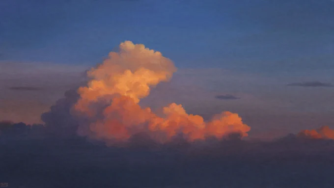 Digital painting of a sunset sky, a lonely, burgeoning cloud rising up and lighting up in orange shades. The sky behind is a blue-grey, the clouds below are a dark grey.