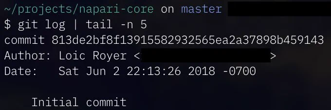 git log output in a terminal showing the timestamp of the first commit to napari(-core)
