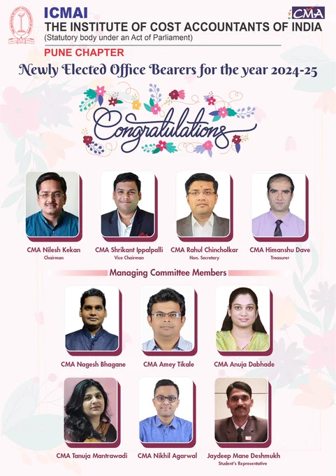 *The Institute of Cost Accountants of India - Pune Chapter* ICMAI - Pune Chapter
 
Newly Elected Office Bearers for year 2024-25 *Congratulations* 💐💐🤝🙏

Office Bearers ICMAI - Pune Chapter
1. CMA Nilesh Kekan - *Chairman*
2. CMA Shrikant Ippalpalli - *Vice Chairman*
3. CMA Rahul Chincholkar - *Hon. Secretary*
4. CMA Himanshu Dave - *Treasurer*

Managing Committee Members
5. CMA Nagesh Bhagane
6. CMA Amey Tikale
7. CMA Anuja Dabhade
8. CMA Tanuja Mantrawadi
9. CMA Nikhil Agarwal
10. Jaydeep Mane Deshmukh - Student's Representative

#ICMAI #ICMAIWIRC #icmaipune #CMA #CMAMembers #CMAStudents