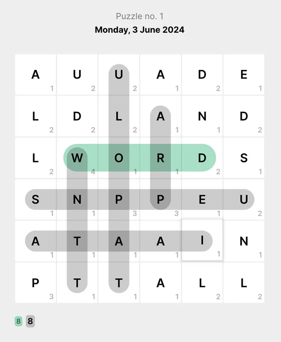 Screenshot of Puzzle no. 1 of Gingham. A grid of letters, with highlighted areas showing words to complete.