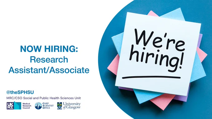 Post it notes with the words 'We're hiring!' written on top. Logo of the MRC/CSO Social and Public Health Sciences Unit.
