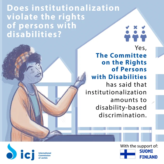 A social media post with text and accompanying illustration of a person at a podium.

The text reads: Does institutionalization violate the rights of persons with disabilities? The Committee on the Rights of Persons with Disabilities has said that institutionalization amounts to disability-based discrimination