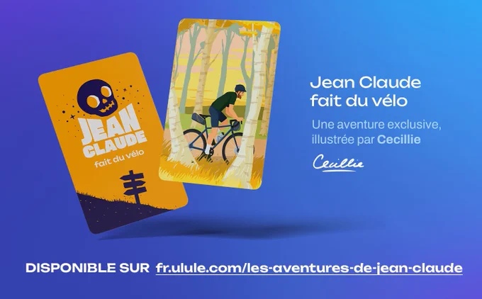 Deux cartes à jour du jeu "les aventures de Jean claude", qui représente un cycliste. Illustré par Cecillie.