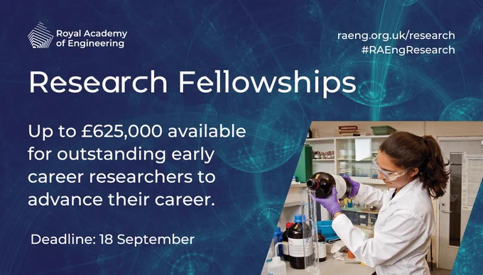 Research Fellowships
Up to £625,000 available for outstanding early career researchers to advance their career
Deadline 18 September
raeng.org.uk/research
#RAEngresearch