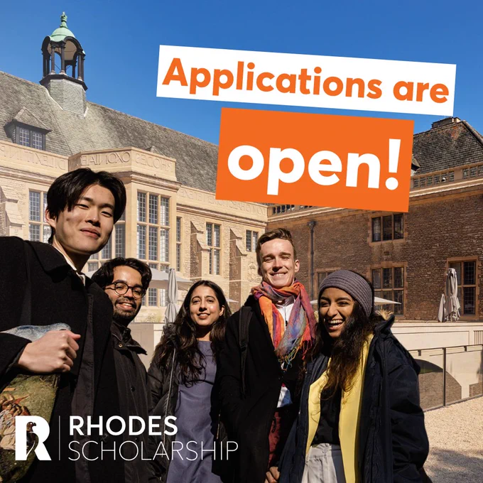 Graphic highlighting that Rhodes Scholarship applications are open. A diverse group of five Rhodes Scholars smile brightly into the camera. In the background is Rhodes House in Oxford on a sunny day.