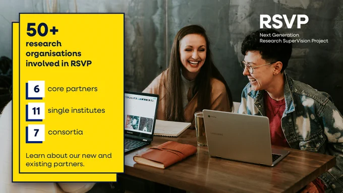 Background image of two people laughing together as they work. Text overlay reads: 50  research organisations involved in RSVP. 6 core partners, 11 single institutes, 7 consortia. Learn about our new and existing partners.