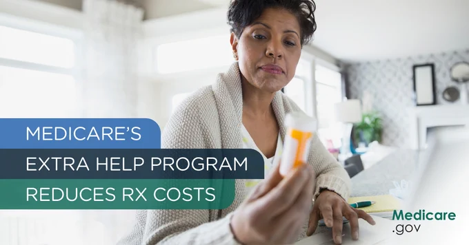 An older woman considers a prescription bottle in her hand. Overlay text: Medicare's Extra Help Program reduces Rx costs.
