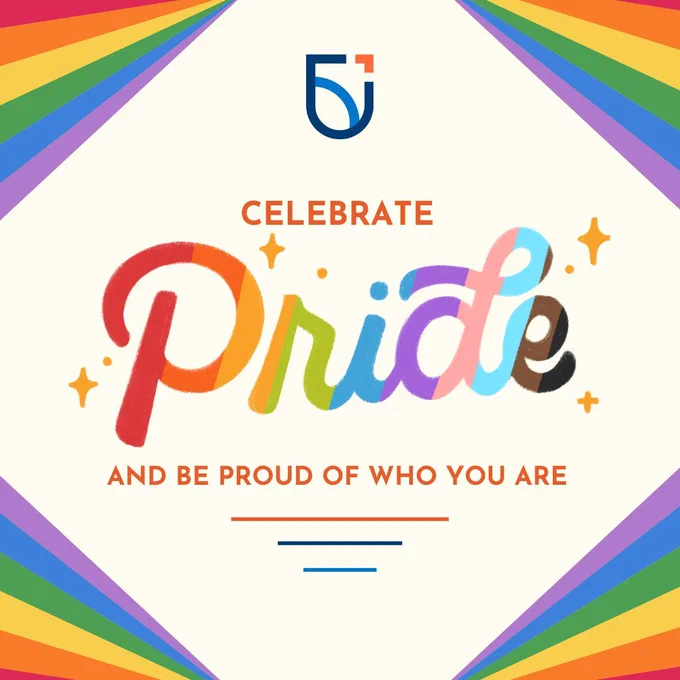 Colorful Pride-themed image with the text "Celebrate Pride and be proud of who you are" surrounded by rainbow borders.
