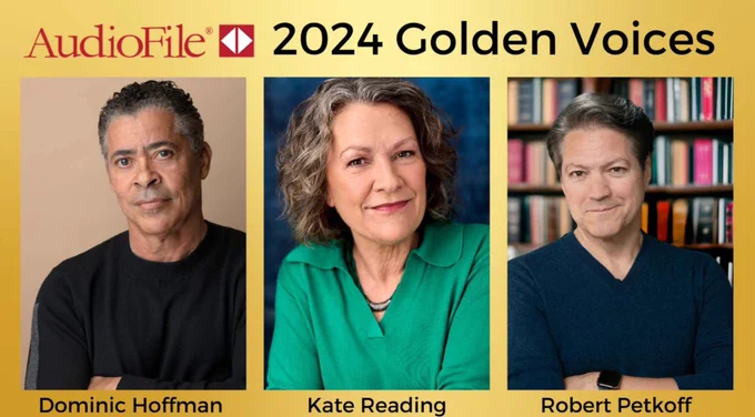 Photos of three narrators awarded Golden Voice by AudioFile mag
