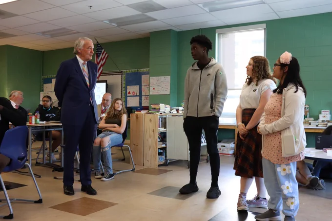 Senator Markey and students at Collins Middle School